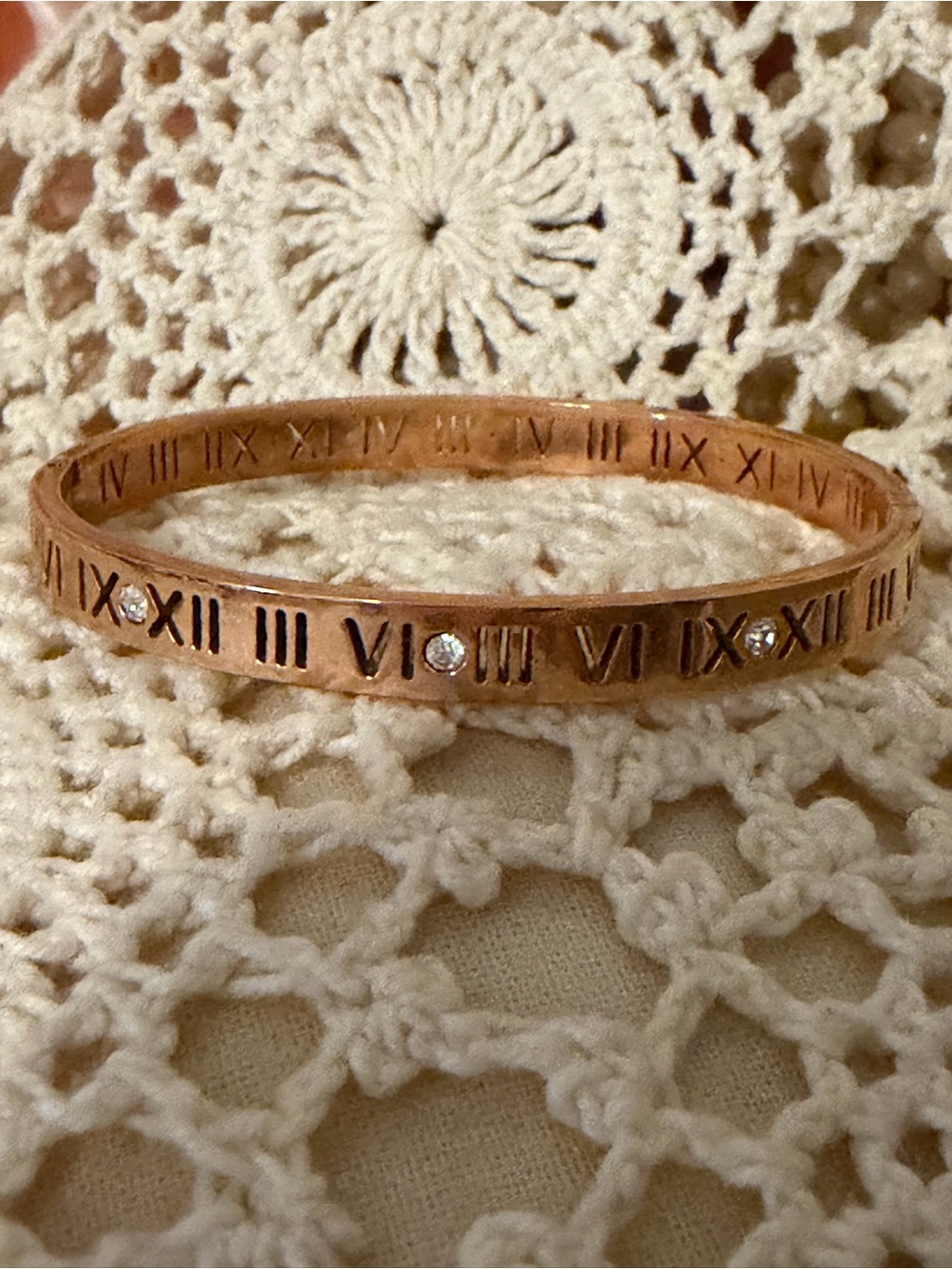 Women's Rose Gold Roman Numeral Bangle Bracelet with Sparkling Crystal Accents